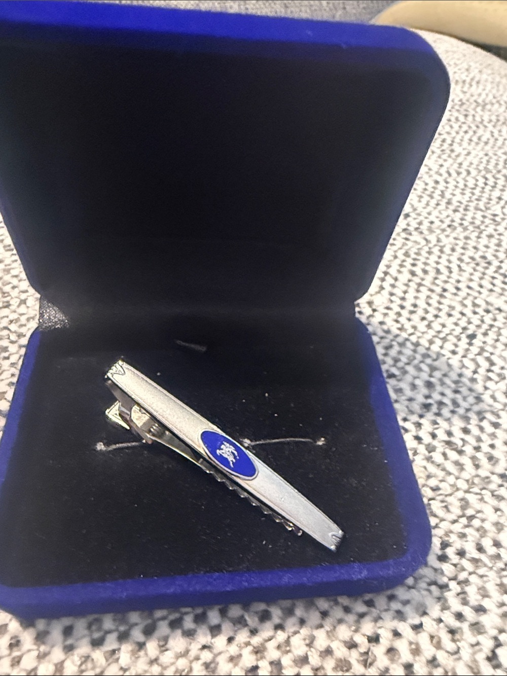 Burberry Silver Tie Bar with Blue Enamel Crest